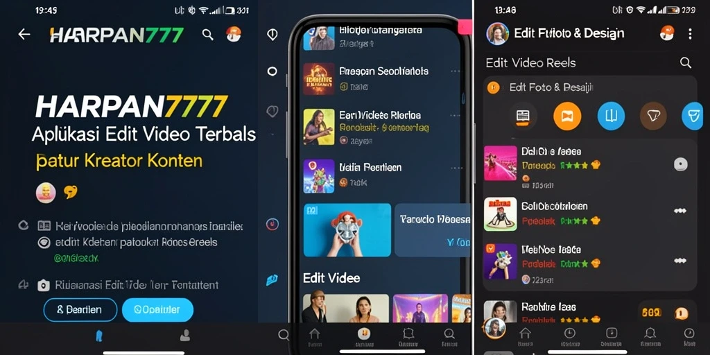 Antarmuka aplikasi HARAPAN777 dengan berbagai fitur editing video.