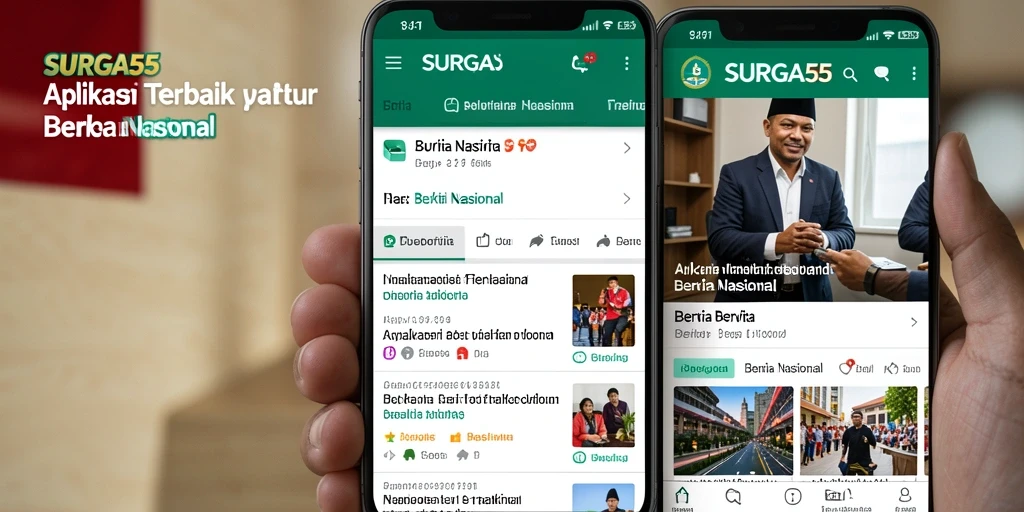 Tampilan antarmuka aplikasi SURGA55 dengan berita nasional terkini.